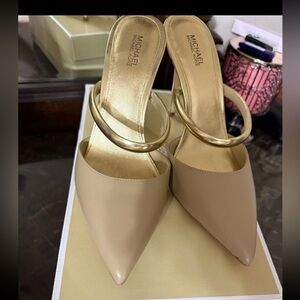 Michael Kors Beige Pointed Toe Mules with Gold Hoop